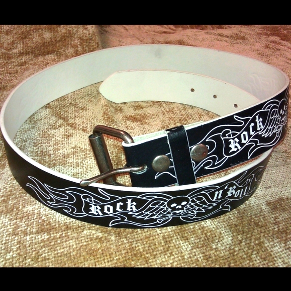 Hot Topic Belt Mens 36 Black White Rock N Roll Skull Punk Emo Tattoo NEW